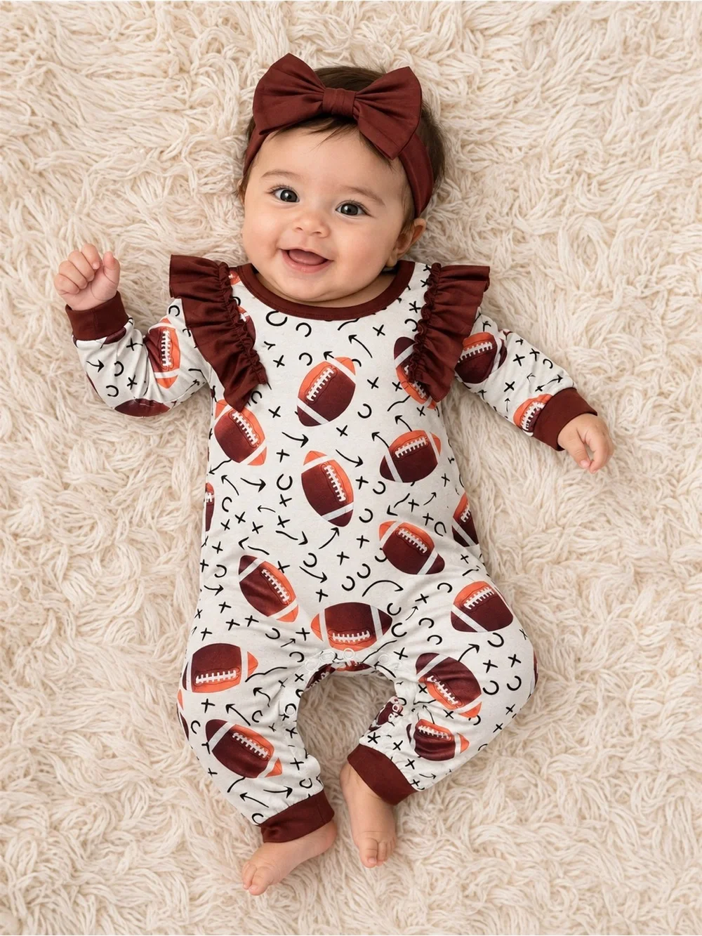 Rylee Faith Fall Football Print Ruffle One-Piece Romper